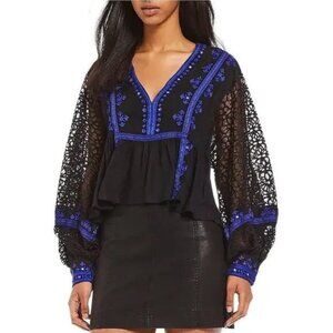 Free People Boogie All Night Top” Lace Black & Blue Long Puff Sleeves Small